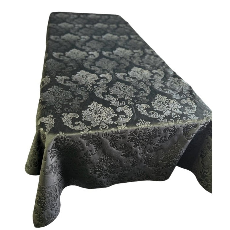 Black Embedded Damask Velvet Tablecloth Rectangle and overlay - New Star Fabrics