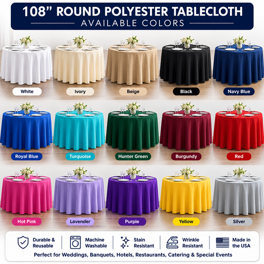 108” Round Polyester Tablecloth – Poly Poplin Table Linen
