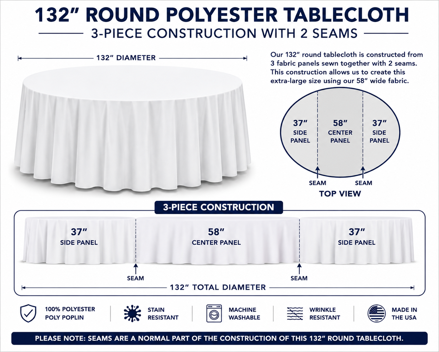 132 Inch Round Polyester Tablecloth – Poly Poplin Table Linen | Weddings, Banquets, Hotels & Events