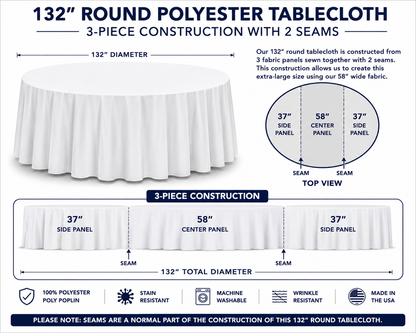 132 Inch Round Polyester Tablecloth – Poly Poplin Table Linen | Weddings, Banquets, Hotels & Events