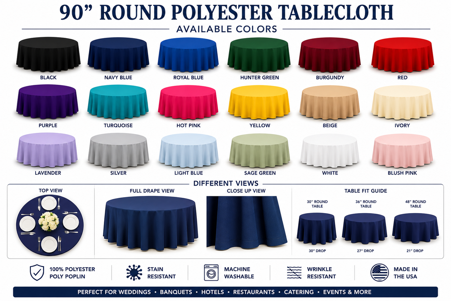 Poly Poplin Round Tablecloth - 90 Inch Linen
