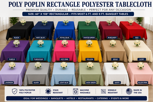 60” x 108” Rectangle Polyester Tablecloth – Poly Poplin Banquet & Event Table Linen