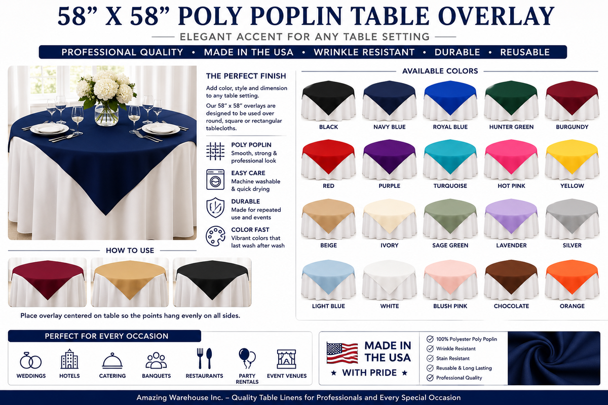 58” x 58” Square Polyester Table Overlay – Poly Poplin Wedding & Banquet Table Topper