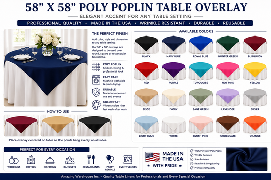 58” x 58” Square Polyester Table Overlay – Poly Poplin Wedding & Banquet Table Topper