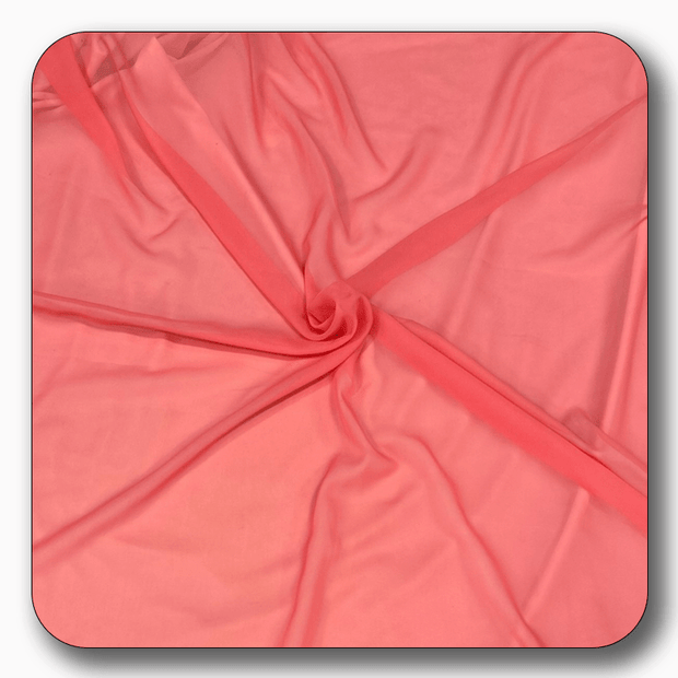 High-quality 100% soft polyester chiffon fabric in coral color, lightweight and versatile, sold by the yard.