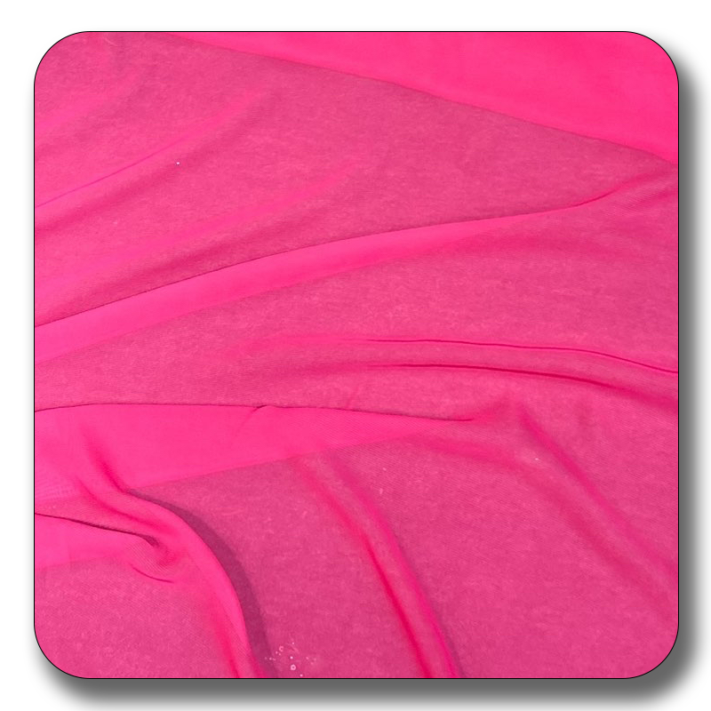 Bright pink chiffon fabric made of 100% soft polyester, lightweight and versatile for various sewing projects.