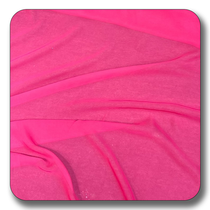 Bright pink chiffon fabric made of 100% soft polyester, lightweight and versatile for various sewing projects.