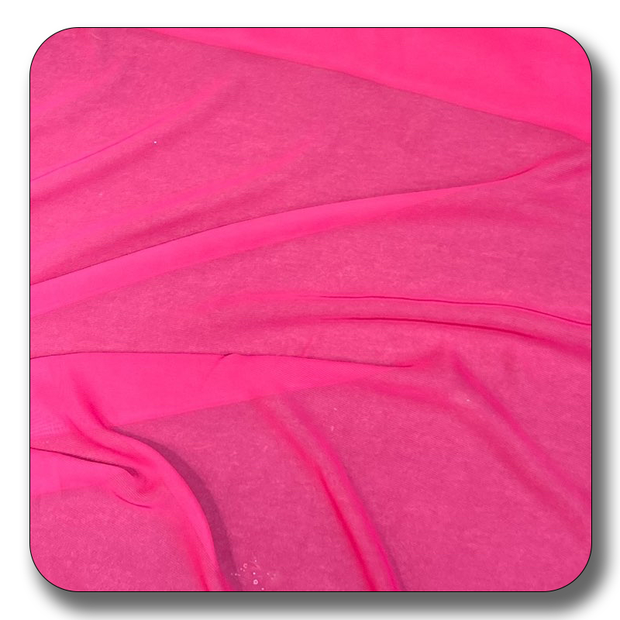 Bright pink chiffon fabric made of 100% soft polyester, lightweight and versatile for various sewing projects.