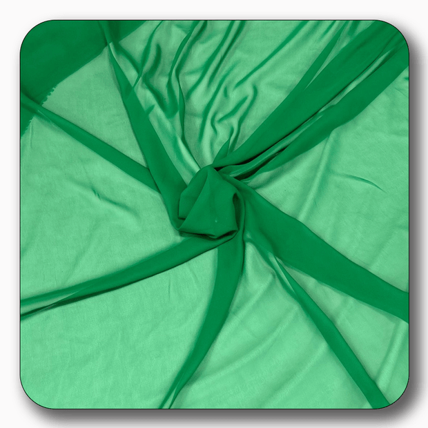Green chiffon fabric, 100% soft polyester, lightweight and durable, ideal for creative projects and garments.