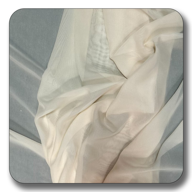 Lightweight ivory polyester chiffon fabric draped elegantly, showcasing its softness and versatility.