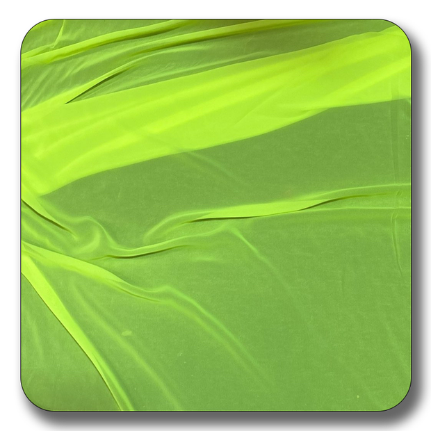 Vibrant neon green polyester chiffon fabric, lightweight and durable, available by the yard for versatile crafting.