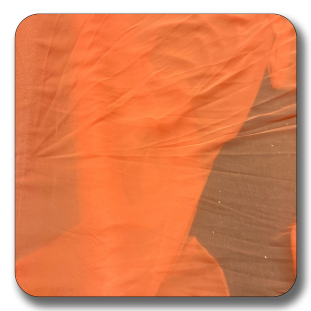 Close-up of soft polyester chiffon fabric in vibrant orange, showcasing its lightweight, durable, and crease-resistant qualities.