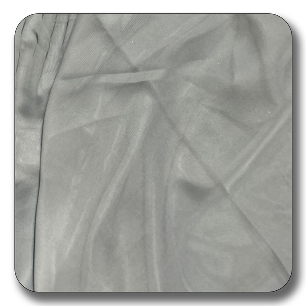 Close-up of soft gray chiffon fabric made from 100% polyester, showcasing its lightweight and durable texture.