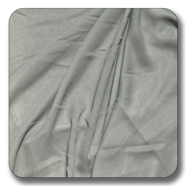 Soft gray polyester chiffon fabric showcasing smooth texture and lightweight quality, perfect for versatile sewing projects.