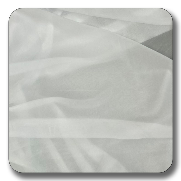 Soft polyester chiffon fabric in light gray, showcasing its smooth and lightweight texture, perfect for various sewing projects.