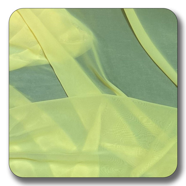 Soft yellow chiffon fabric made of 100% polyester, showing its lightweight and versatile texture.