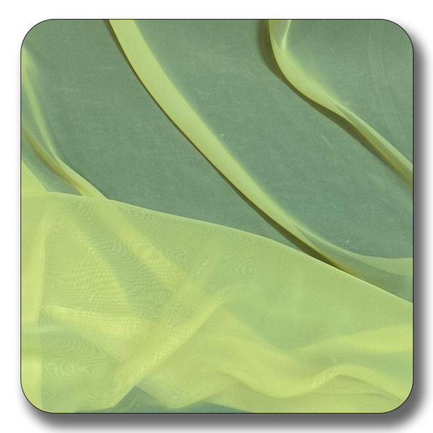 Soft yellow polyester chiffon fabric draped elegantly, showcasing its lightweight and durable texture, perfect for various projects.
